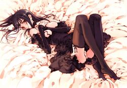 black_hair breasts dress elbow_gloves gloves gothic legs long_hair long_legs lying ooyari_ashito open_clothes open_shirt original oyari_ashito panties pantyshot pantyshot_(lying) shirt skirt thighhighs underwear zettai_ryouiki