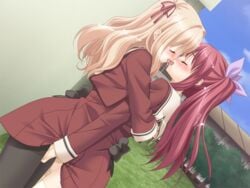 2girls 800x600 blonde_hair blush couple female fingering fuguriya game_cg hug kissing long_hair matsubara_yuuna multiple_girls mutual_masturbation mutual_yuri oda_nanami orgasm pantyhose peko red_hair ribbon saliva school_uniform seifuku serafuku sono_hanabira_ni_kuchizuke_wo thighhighs tied_hair twintails uniform yuri