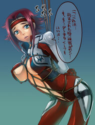 asaki_takayuki blue_eyes bondage breasts cleavage code_geass female headband kallen_stadtfeld open_clothes open_shirt pussy red_hair short_hair