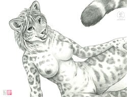 2015 anthro black_and_white breasts feline female jaguar kacey looking_at_viewer mammal monochrome nipples pencil pussy solo spots