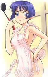 1girls ai_yori_aoshi apron blue_hair breasts edit female hosoda_naoto naked_apron nipples nude nude_filter official_art pubic_hair pussy sakuraba_aoi see-through see-through_clothing short_hair