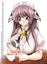 1girls animal_ear animal_ears blush bra breasts cow_ear cow_girl female food lactation lingerie milk one_breast_out open_clothes open_shirt pointy_chin shirt tea tomoya_kankurou underwear