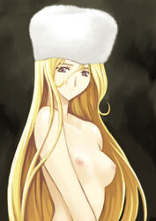 1girls 2002 alternate_outfit blonde_hair breasts female galaxy_express_999 hat large_breasts leijiverse light-skinned_female light_skin long_hair looking_at_viewer maetel nipples nude pointy_chin solo suzuno_kouya