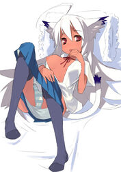 1girls animal_ears blush breasts cat_ears catgirl dark_skin female kokage-san kusaka_kokage long_hair nekomimi nipple_slip nipples open_clothes open_shirt original panties red_eyes skirt solo striped striped_panties tail thighhighs underwear white_hair