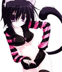 1girls animal_ears black_hair blush breasts cat_ears cat_girl huge_eyes midriff nanao_naru nekomimi no_panties open_fly open_shorts purple_eyes short_hair shorts tail thighhighs underboob unzipped