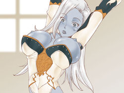 1girls blue_skin blush breasts dark_elf detached_sleeves elf female grey_eyes large_breasts leotard lineage lineage_2 long_hair nipples oso_(artist) oso_(oso) pointy_ears silver_hair solo sweatdrop wardrobe_malfunction white_hair window