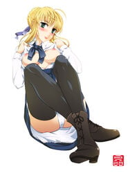 artoria_pendragon blonde_hair blouse boots breasts fate/stay_night fate_(series) green_eyes legs long_hair open_clothes open_shirt panties shirt_lift skirt sonobe_kazuaki thighhighs underwear