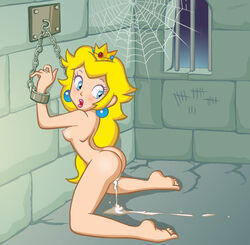 after_sex ass barefoot beige_skin blue_eyes blush bondage bound breasts chains color crown cum cum_drip cum_pool ear_piercing feet female female_only femsub hair human indoors kneeling long_hair looking_back mario_(series) nintendo nude open_eyes open_mouth piercing princess_peach round_ears side_view soles solo straight_hair super_princess_peach tally tally_marks tapdon web yellow_hair