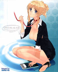 blonde_hair blue_eyes blush breasts collar garter_belt glasses large_breasts leash lingerie long_hair mibu_natsuki open_clothes open_shirt sheer_legwear shirt skirt squat squatting teacher thighhighs underwear uniform