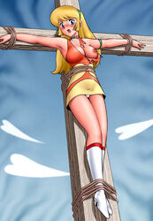 1girls android armpits arms_to_side blonde_hair blue_eyes blush bondage boots bound breasts brown_eyes captured captured_heroine choker cross crucifixion cutie_honey dress exposed_breast exposed_breasts female female_focus female_only hairband heart honey_kisaragi large_breasts light-skinned_female light_skin long_hair nipples one_breast_out one_breast_out_of_clothes open_mouth panties panties_peek restrained rope rope_bondage round_breasts shingyouji_tatsuya skirt solo spread_arms sweat t-pose torn_clothes underwear