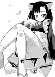 animal_ears blush cat_ears catgirl clothing crossed_legs japanese_clothes long_hair mahou_sensei_negima mahou_sensei_negima! monochrome sakurazaki_setsuna sitting skirt stockings thighhighs utamaro