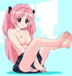 barefoot blush bow breasts feet female girls_bravo long_hair miharu_sena_kanaka nipples panties pink_hair skirt soles solo underwear