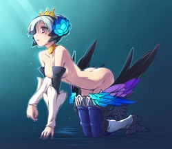 ahe_gao akinoko all_fours armor ass blush breasts crown elbow_gloves empty_eyes feathers gloves gwendolyn_(odin_sphere) hat nipples nude odin_sphere partial_nude short_hair solo solo_female thighhighs