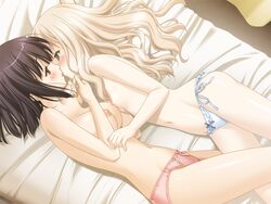 black_hair blonde_hair breasts female flat_chest game_cg green_eyes kawamura_reo kissing long_hair multiple_girls panties red_eyes sawaguchi_mai short_hair sono_hanabira_ni_kuchizuke_wo underwear yuri