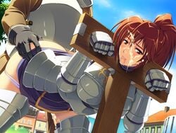 armor ass ass_grab bent_over blush bondage brown_hair cloud cum cum_inside cum_on_hair cumdrip doggy_style facial game_cg himekishi_angelica humiliation ishigaki_takashi knight long_hair outdoors panties panty_pull pillory ponytail public public_use purple_panties rape red_eyes saliva sex skirt skirt_lift sky slave solo spoils_of_war stocks thighhighs tied_hair underwear