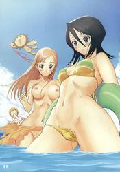 1boy 2girls accidental_exposure arms_behind_back assisted_exposure beach bikini black_hair bleach blood blue_eyes blush breasts cleft_of_venus cloud female grey_eyes hair_between_eyes hair_ornament hairclip high_resolution ichigo_kurosaki innertube innie_pussy inoue_orihime kon kuchiki_rukia long_hair male multiple_females navel nipples nosebleed nude ocean open_mouth orange_hair pussy sarong short_hair sky spiked_hair stolen_bikini stolen_swimsuit string_bikini stuffed_animal stuffed_lion stuffed_toy surprised taka_tony topless uncensored untied wading wardrobe_malfunction water