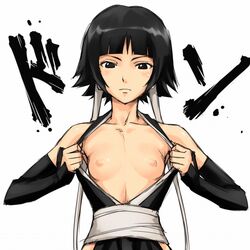 1girls areolae black_eyes black_hair bleach blush breasts elbow_gloves female flat_chest gloves mosha nipples pointy_chin short_hair soifon solo sui-feng tied_hair twintails