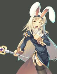 1girls animal_ear blonde_hair blush breasts bunny_ear closed_eyes clothing dress female game garter_belt legwear long_hair nun open_mouth priest priest_(ragnarok_online) ragnarok_online small_breasts smile stockings thighhighs wand white_hair yn_red