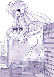 1girls ass blush breasts building female giantess long_hair looking_back monochrome nude seo_tatsuya solo touhou wink yukari_yakumo