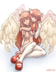 angel_wings bangs blunt_bangs blush boreas_(trickster) breasts drill_hair elbow_gloves eurus_(trickster) female gloves hairband hug hug_from_behind long_hair looking_at_viewer mary_janes multiple_girls navel nipples nude orange_hair payot red_eyes red_hair sefuart shoes sitting smile thighhighs trickster twin_drills watermark web_address white_legwear wings wink yuri