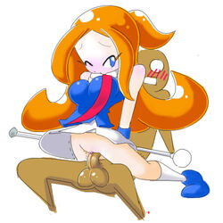 1girls 2006 blue_eyes blush breasts cleavage cowgirl_position long_hair mario_(series) minus8 mona_(warioware) nintendo no_panties orange_hair sex skirt straight_hair uncensored voluptuous wario_(series) warioware warioware:_smooth_moves wink