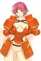 1girls armor breasts butt_fang dressing female fire_emblem fire_emblem:_the_binding_blade gwendolyn_(fire_emblem) headband michael_f91 nipples no_bra no_panties nude parted_lips pink_eyes pink_hair short_hair solo thighs