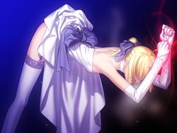 artoria_pendragon blonde_hair bondage bride dress fate/stay_night fate_(series) game_cg garter_belt gloves ponytail skirt skirt_lift socks takeuchi_takashi thigh_socks thighhighs tied type-moon wedding_dress white_socks