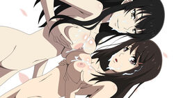 2girls areolae atelier_gons black_eyes black_hair breast_grab breast_press breast_squeeze breasts brown_hair cum cum_on_body cum_on_breasts cum_on_hair cum_on_upper_body facial highres kougami_yuriko kujou_sakurako_(sakurako) large_breasts legs long_hair looking_at_viewer mole mound_of_venus multiple_girls navel nipples no_pussy nude petals sakurako-san_no_ashimoto_ni_wa_shitai_ga_umatteiru simple_background smile standing thighs