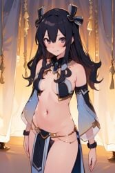 ai_generated bare_shoulders belly_button belly_dancer black_hair breasts choujigen_game_neptune collar dancer dancer_outfit detached_sleeves enslaved_goddess goddess hair hair_ribbon hands harem_outfit hips jewelry naked_thighhighs navel neptunia_(series) slave smile thighhighs thighs thin_female tummy uni_(neptunia)