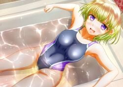 1girls bath bathtub blonde_hair female intentio one-piece_swimsuit original original_character peeing peeing_self peeing_underwater pullpull15 purple_eyes swimsuit swimwear urinating_female urination urine urine_stream wetting wetting_self