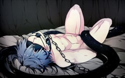 1boy abs ball_gag blindfold blue_hair dramatical_murder gag male_only muscle nitro+_chiral pecs restrained seragaki_aoba skinny snake solo tagme yaoi