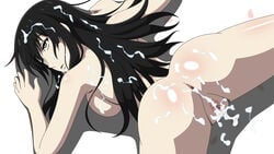 after_sex all_fours anus ass black_eyes black_hair breasts censored cum cum_in_ass cum_in_mouth cum_in_pussy cum_on_ass cum_on_body cum_on_hair cum_on_lower_body cum_on_upper_body facial female female from_behind highres kujou_sakurako_(sakurako) large_breasts legs long_hair lying mole mosaic_censoring nude petals pussy rolling_eyes sakurako-san_no_ashimoto_ni_wa_shitai_ga_umatteiru simple_background solo spread_legs thighs