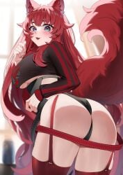 1girls ass ass_focus ass_up big_breasts blush blushing breasts cleavage clothed clothing crop_top day esencey female female_focus female_only fur indie_virtual_youtuber leggings legs legwear long_hair long_hair_female looking_at_viewer lumi_(merryweather) multicolored_eyes pepsi red_hair red_leggings red_tail striped_shirt tagme tail thong underboob virtual_youtuber window