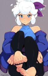 blue_eyes feet foot_fetish hair_ornament jacket jacket_off_shoulders pale_skin ribbon squeezable taffy_(squeezable) tagme tagme_(character) white_hair