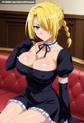 ai_generated aindroidparanoid ass bedroom beelzebub beelzebub_(manga) big_ass big_breasts big_butt blonde_hair braid braided_hair breasts busty cleavage curvy dress fat_ass female female_only green_eyes hilda_(beelzebub) hildegarde hips huge_ass huge_breasts huge_butt indoors large_ass large_breasts large_butt legs maid maid_outfit maid_uniform massive_breasts narrow_waist nipples one_eye_covered short_hair sitting stable_diffusion thick_ass thick_legs thick_thighs tight_clothing voluptuous waist wide_hips