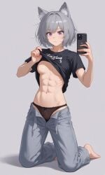 abs ai_generated cat_ears egirl fit_female furry grey_hair jeans navel phone selfie shirt_lift silver_hair unbuttoned_pants underwear