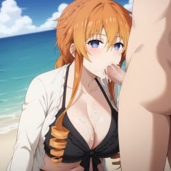 1boy 1girls ai_generated beach big_breasts bikini black_bikini blue_eyes breasts cum cum_in_mouth date_a_live fellatio female female_focus huge_breasts large_breasts looking_pleasured orange_hair penis yamai_yuzuru