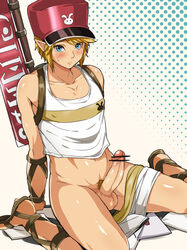 1boy blonde_hair blush bottomless censored hyrule_warriors light-skinned_male link link_(hyrule_warriors) looking_at_viewer male_only muscle penis simple_background sweat tagme testicles the_legend_of_zelda undressing yaoi ygyg2200