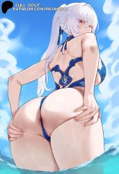 1girls ai_generated anus ass ass_focus bikini honkai:_star_rail jingliu_(honkai:_star_rail) looking_back ponytail primosan pussy_juice red_eyes standing water white_hair