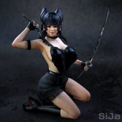 3d dead_or_alive no_bra nyotengu sideboob sija_art sword weapon