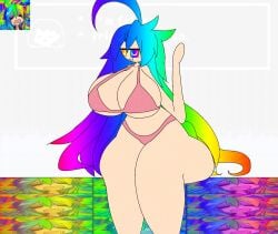 bikini geeked_up_playing_xbox_all_day huge_breasts konata_izumi looking_at_viewer rainbow_eyes rainbow_hair rainbow_konata