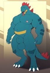 absurd_res animal_genitalia anthro balls big_balls big_penis big_sheath bubbaferaligatr bubbagatr crocodilian feraligatr flexing fullbodywolf generation_2_pokemon genitals hi_res male musclegut muscular navel nintendo nipples penis pokemon pokemon_(species) reptile saggy_balls scalie sheath solo tongue tongue_out