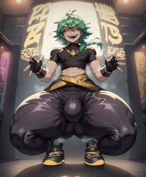 ai_generated black_clothing bulge bulge_through_clothing crop_top ezreal fangs gloves green_hair heartsteel_ezreal heartsteel_series league_of_legends male_only musk_clouds nipples_visible_through_clothing royalcockwarmer see-through smiling smiling_at_viewer tagme thick_thighs tight_clothing tight_fit tight_pants tongue_out turtleneck wide_hips