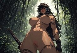 abs ai_generated amazon amazonian brown_hair brown_skin civitai dark_hair dark_nipples female_warrior long_hair muscled tattoo