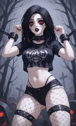 ai_generated band_shirt black_hair black_metal chained_up collar corpse_paint crop_top face_paint fishnets goth graveyard makeup metal_head navel red_eyes shorts thong_straps