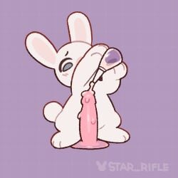 1:1 ambiguous_gender blush blush_lines dildo feral lagomorph leporid lube mammal purple_background rabbit sex_toy simple_background solo star_rifle tail white_body