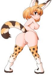 animal_ear_fluff animal_ears anus ass bad_id bad_pixiv_id bagua_zhang blonde_hair blush boots breasts cat_ears cat_tail censored closed_mouth commentary_request extra_ears female from_behind gradient_thighhighs hair_between_eyes hand_on_own_ass kemono_friends kemonomimi large_breasts looking_at_viewer looking_back nipples nude orange_thighhighs pointless_censoring print_thighhighs pussy serval_(kemono_friends) serval_print short_hair simple_background skindentation smile solo standing striped_tail tail thighhighs white_background white_footwear yellow_eyes