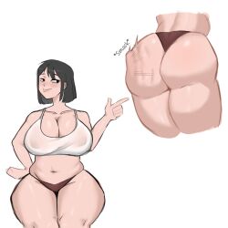 1girls anime anime_style areolae areolae_visible_through_clothing ass_focus ass_slap belly_button big_ass big_breasts black_eyes bob_cut chubby_female dark_hair huge_ass huge_breasts love_handles medium_hair milk onomatopoeia original self_upload smug solo solo_focus thick_ass thick_hips thick_thighs white_background wide_hips