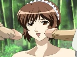 1girls 2boys bamboo bamboo_forest brown_eyes brown_hair brunette conscious female maid_cap maid_headdress mature_female naked naked_female no_bra no_clothes nonomiya_momoko nude nude_female penis screencap shimai_tsuma_3 shimaizuma_3 uncensored