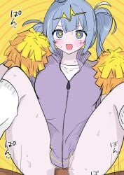 1boy 1girl 1girls :d blue_eyes blue_hair blush bottomless censored cheerleader clothed_sex dark-skinned_male dark_skin female hatsune_miku hetero jacket legwear light-skinned_female light_skin male motion_lines ntani69 open_mouth penis pixiv_link pom_poms purple_jacket sex sweat symbol-shaped_pupils telepathy_(vocaloid) track_jacket twintails vaginal vaginal_penetration vocaloid white_shirt